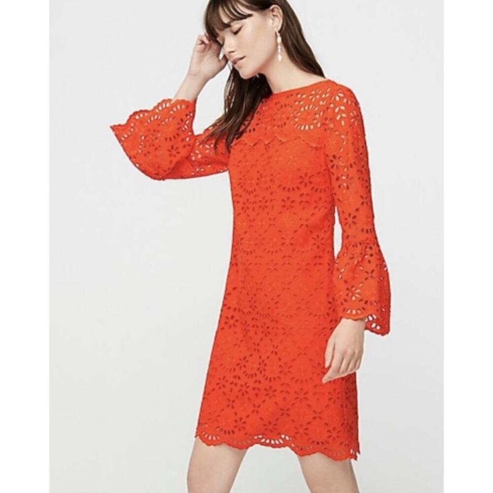 J. Crew Floral Red Eyelet Shift Dress Bell Sleeves Sz 6